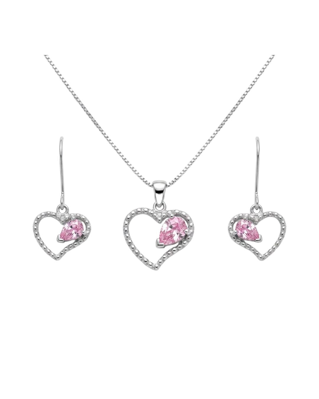 Parure femme argent rhodié coeur zirconia rose