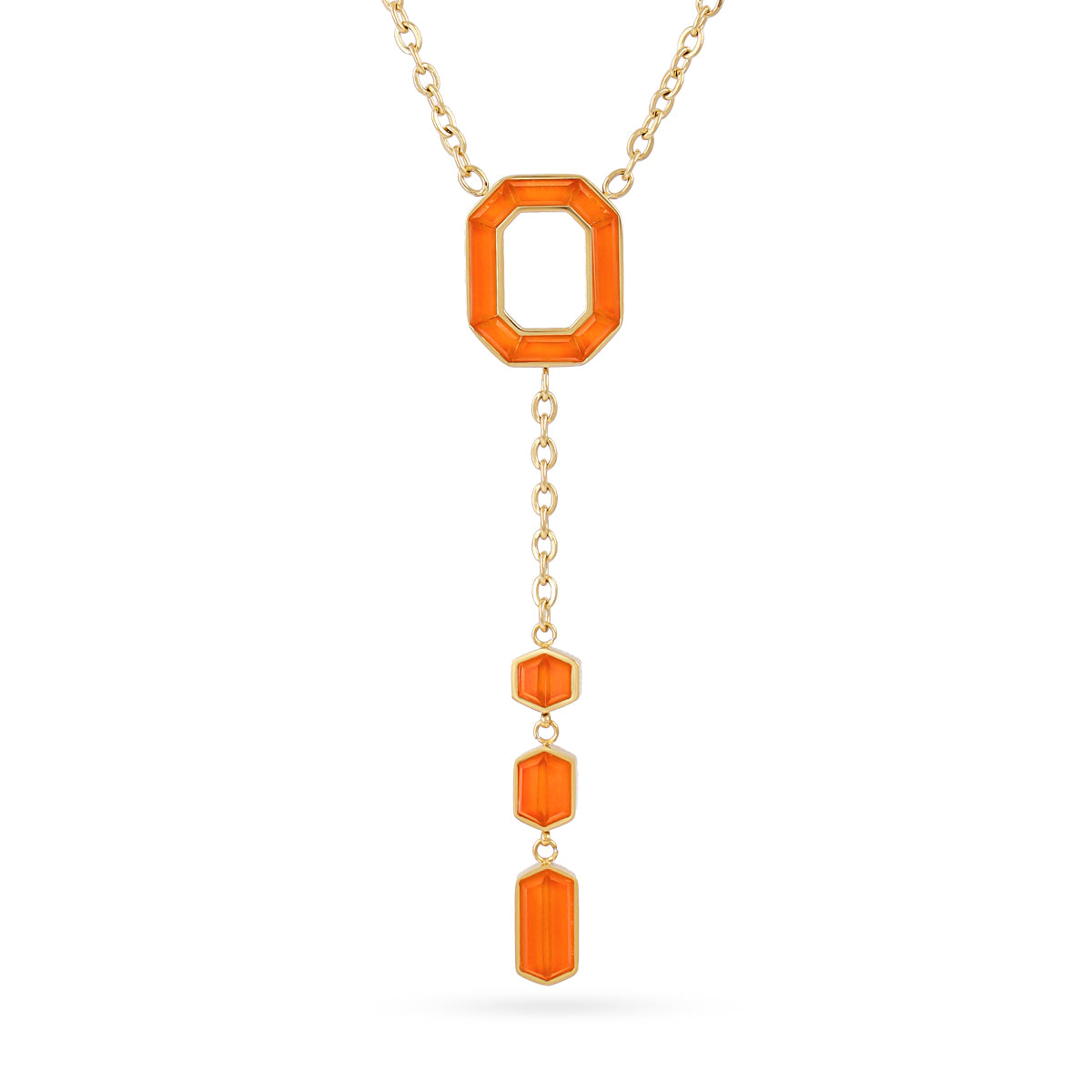Collier femme acier doré pierre synthétique orange lariat