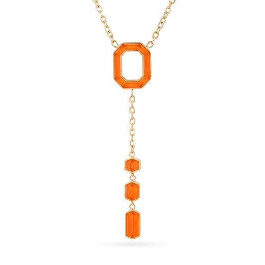 Collier femme acier doré pierre synthétique orange lariat