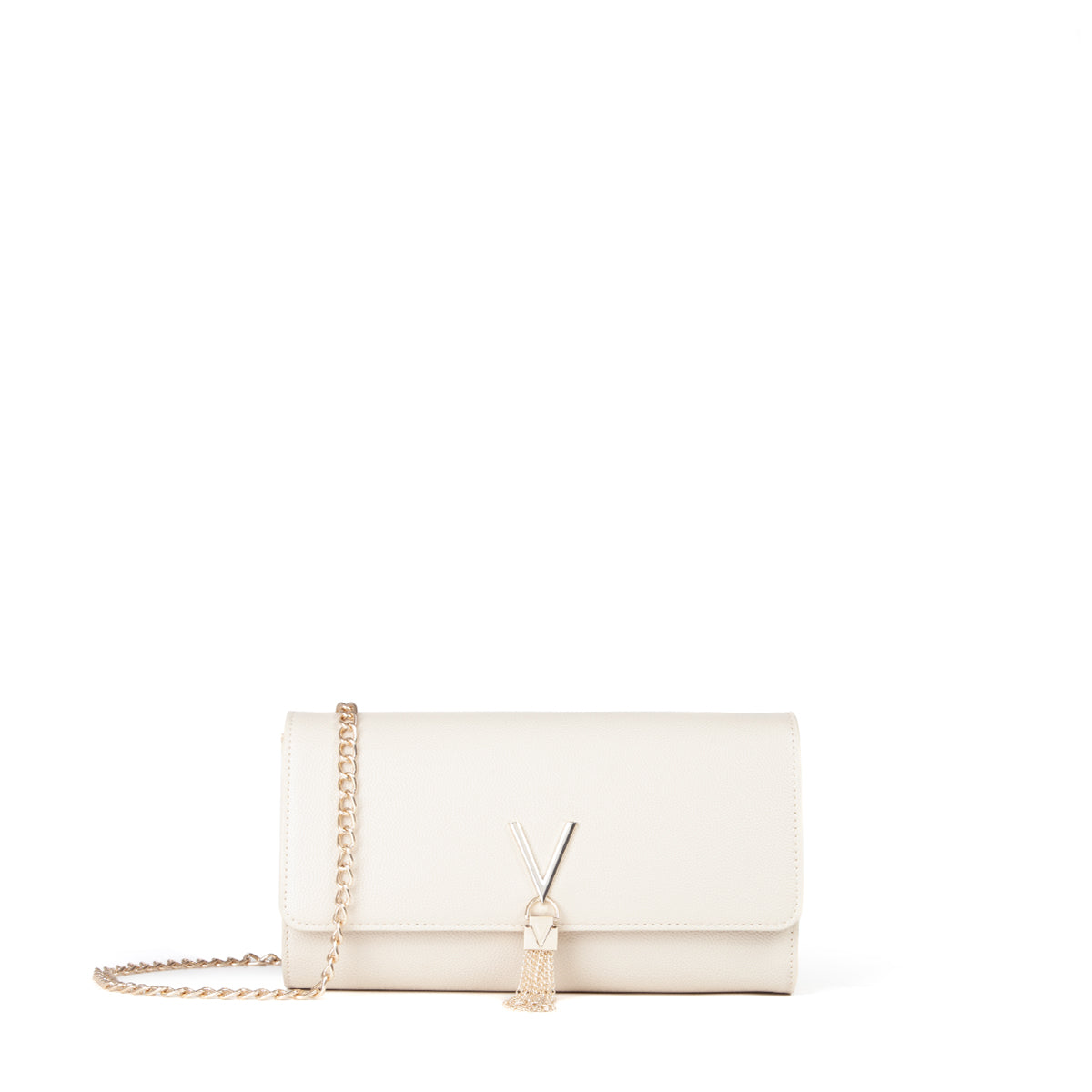 Sac pochette femme beige doré chaîne et breloque