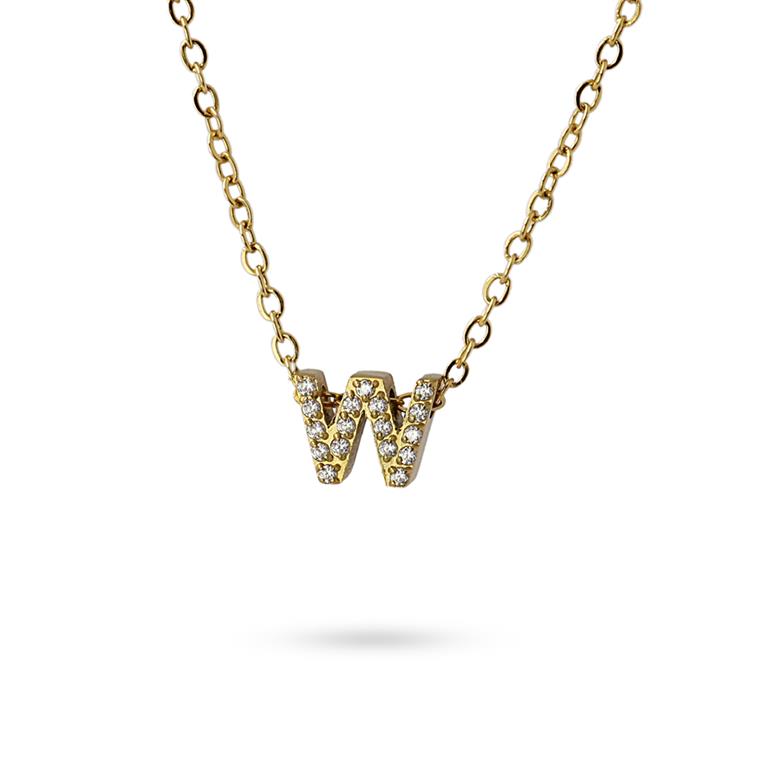 Collier femme acier jaune zirconia initiale lettre W