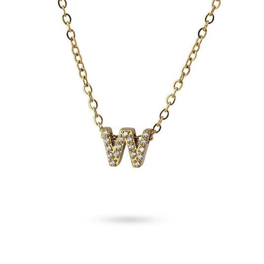 Collier femme acier jaune zirconia initiale lettre W