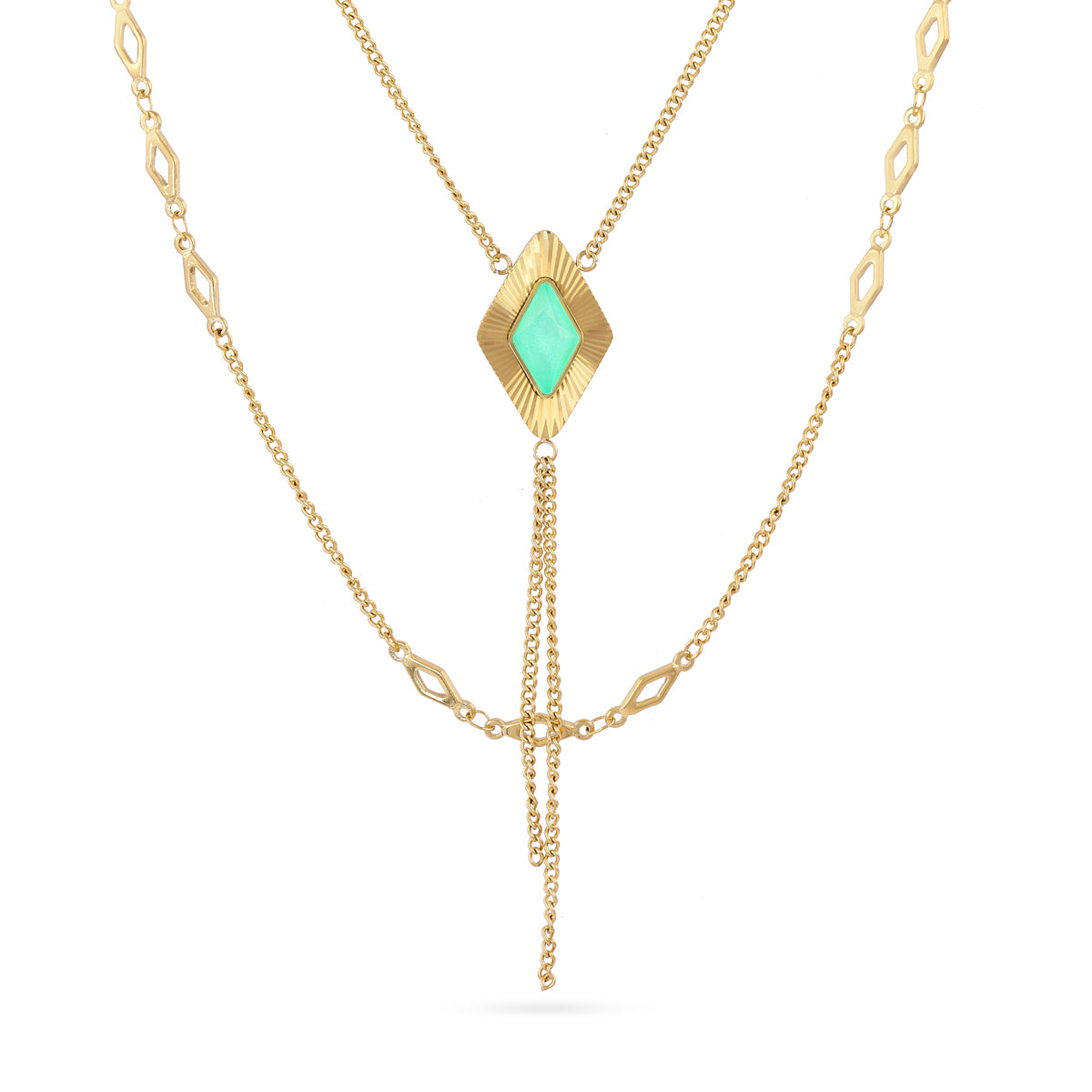 COLLIER - ACIER DORE - PIERRE SYNTHETIQUE VERTE