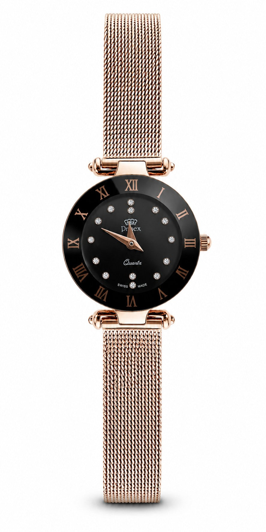 Montre femme Swiss Made cadran noir doré rose mesh