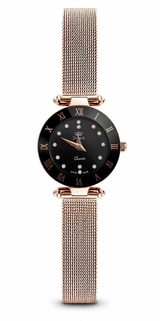 Montre femme Swiss Made cadran noir doré rose mesh