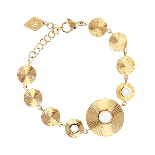 Bracelet femme acier doré médaillons soleil pierre blanche