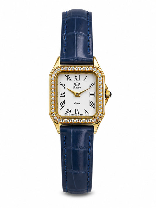 Montre femme dorée carrée Swiss Made bracelet cuir bleu