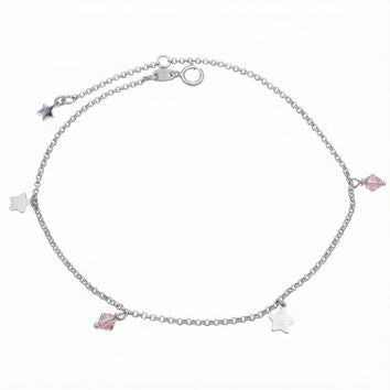 Chaîne cheville femme argent rhodié étoiles zirconia rose