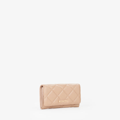 Portefeuille femme beige matelassé fermeture rabat