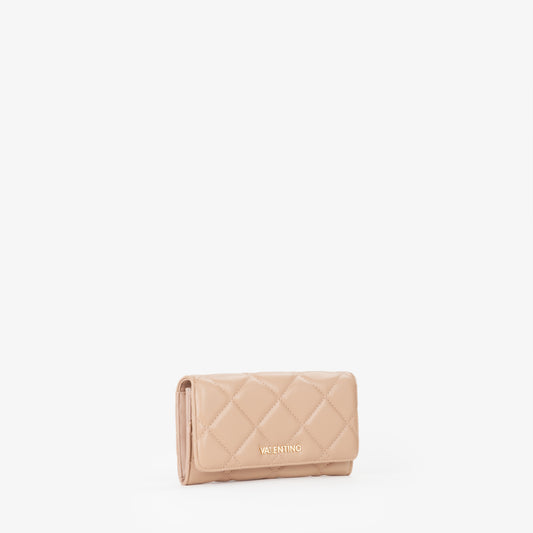Portefeuille femme beige matelassé fermeture rabat