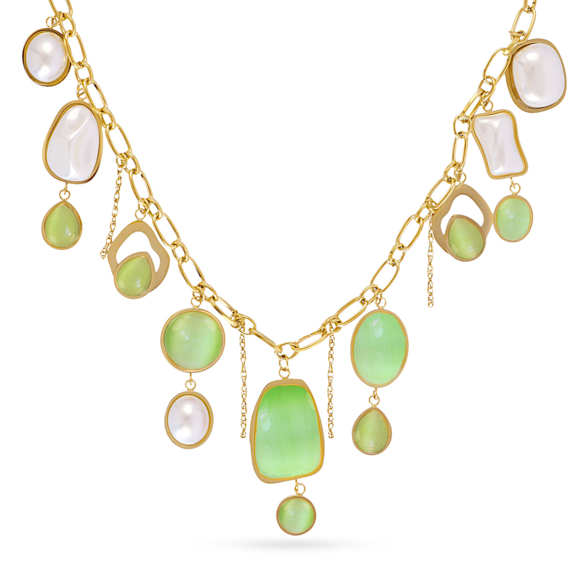 Collier femme acier doré pierres synthétiques vertes et blanches
