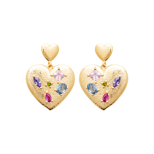 BOUCLES D'OREILLES PLAQUE OR - ZIRCONIA MULTICOLORE - COEUR
