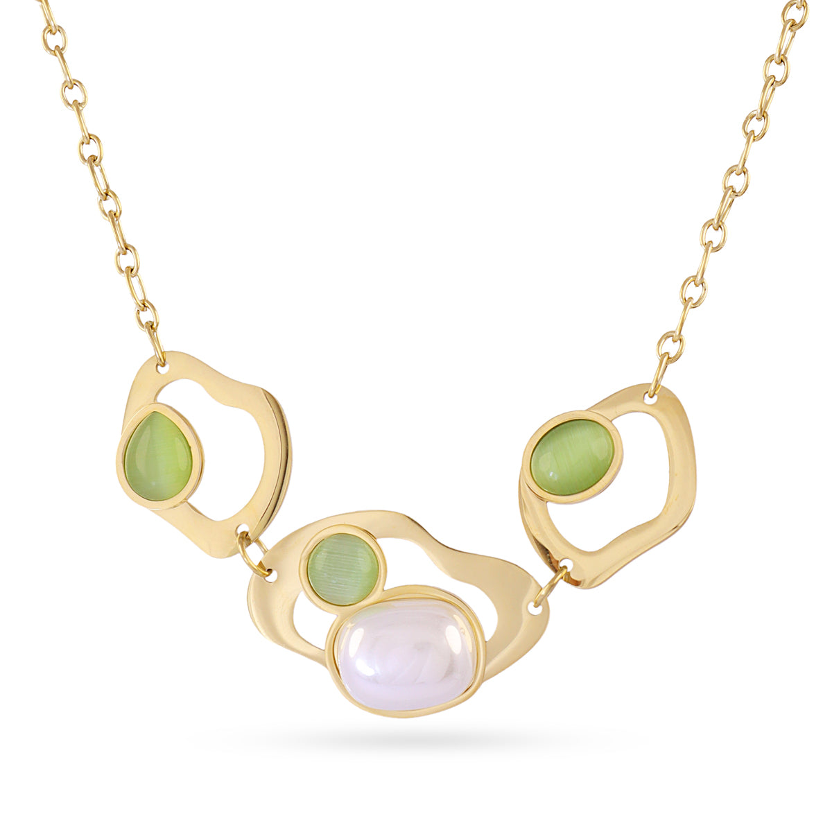 Collier femme acier doré pierres synthétiques vertes et roses