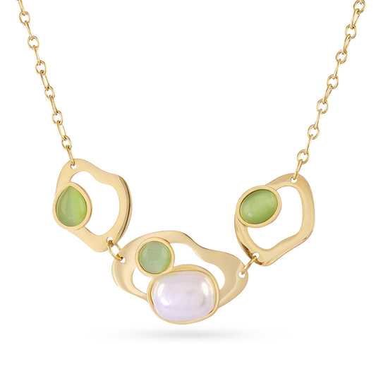 Collier femme acier doré pierres synthétiques vertes et roses