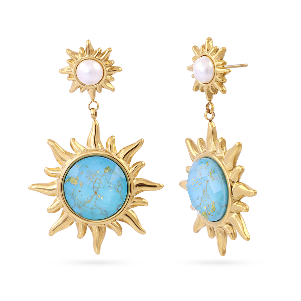 Boucles d'oreilles pendantes femme acier doré soleil turquoise