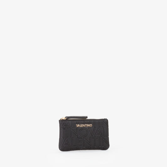 Pochette femme noir logo embossé zip doré porte-clés