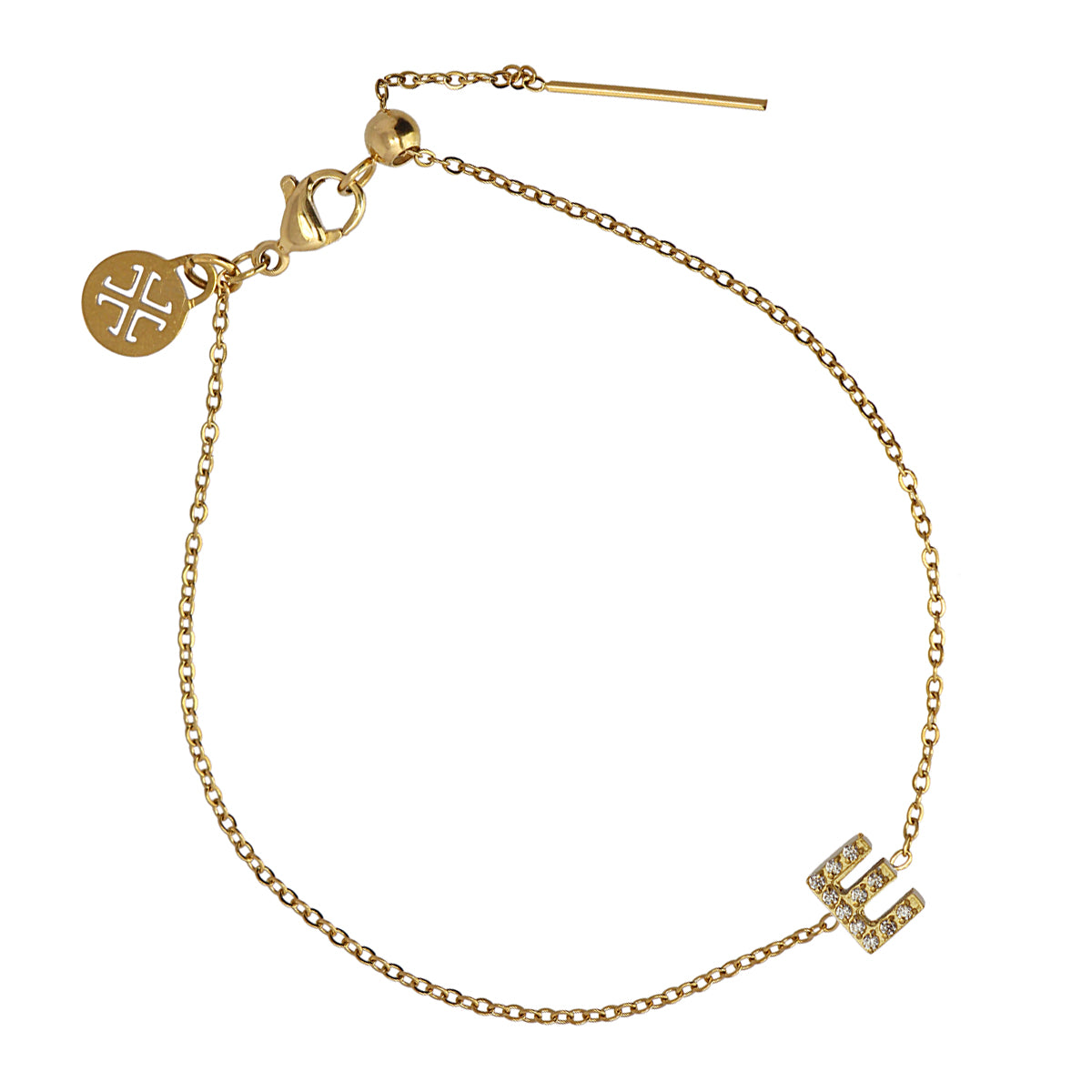 Bracelet femme acier doré initiale E zirconia 19 cm