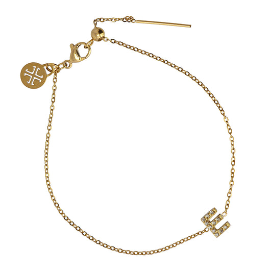 Bracelet femme acier doré initiale E zirconia 19 cm