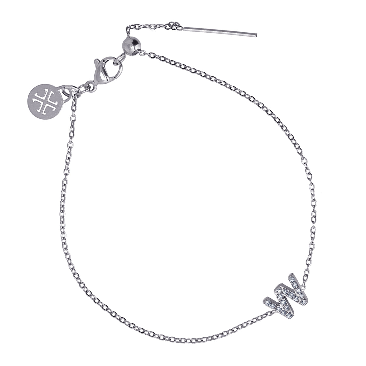 Bracelet femme acier argenté lettre W zirconia 19 cm