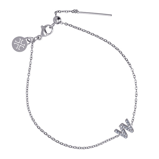 Bracelet femme acier argenté lettre W zirconia 19 cm