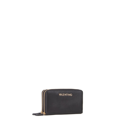 Portefeuille femme zippé noir grainé détails dorés