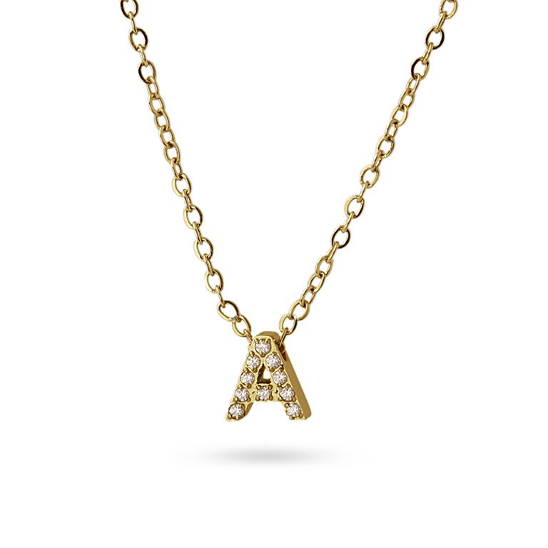 Collier femme acier doré lettre A zirconia 38cm