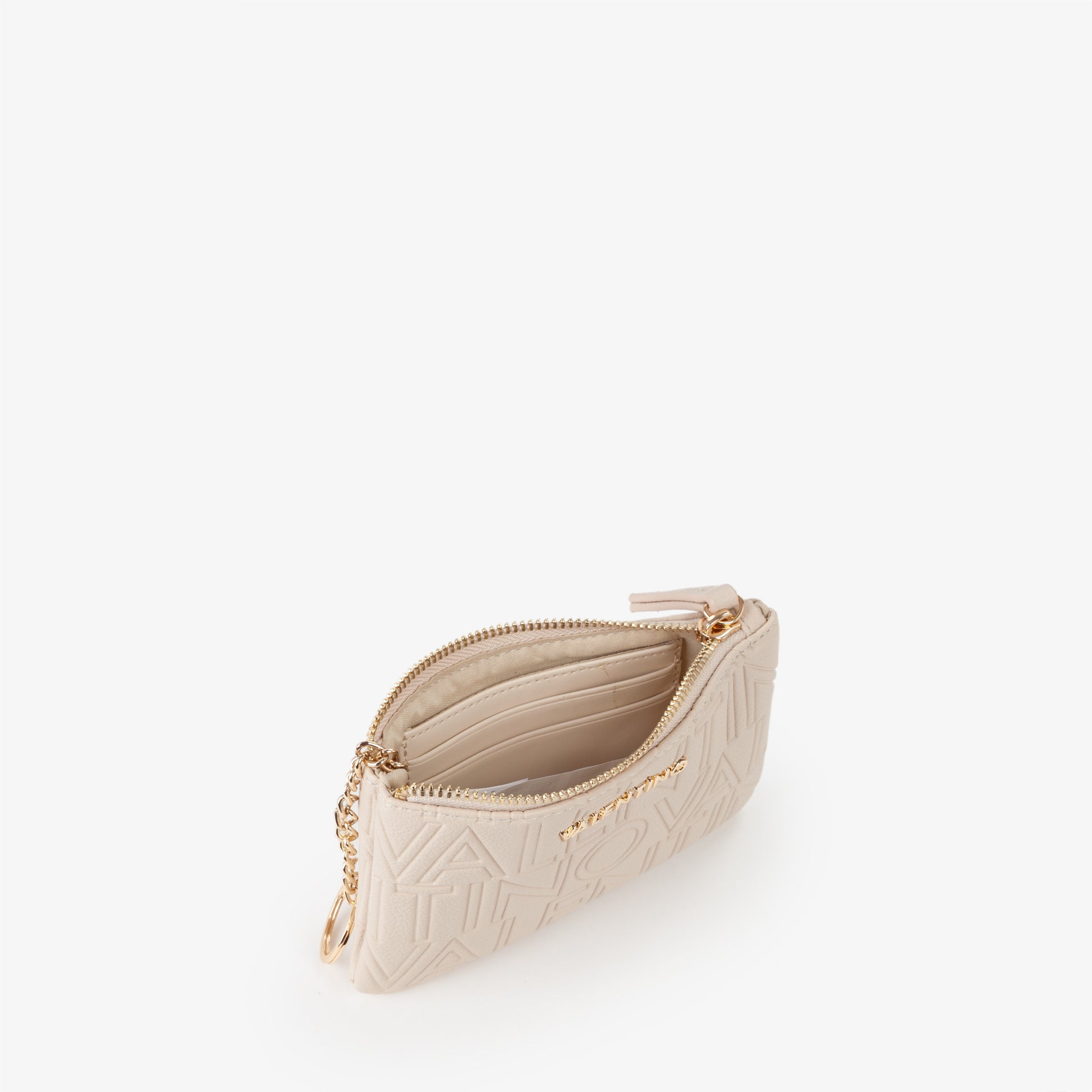 Pochette femme écru logo embossé zippée avec porte-clés