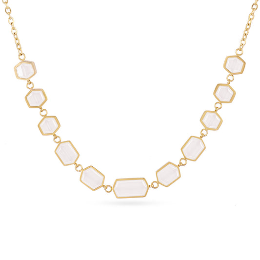 Collier femme acier doré pierres synthétiques blanches hexagonales