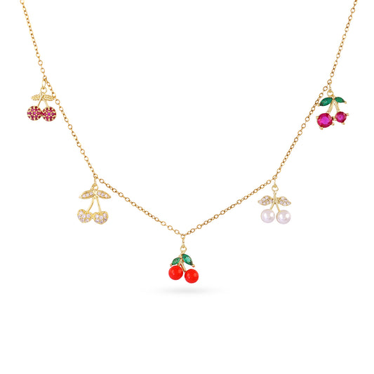 Collier femme acier doré breloques cerises zirconia multicolore