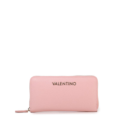 Portefeuille femme zippé rose poudré grainé Valentino