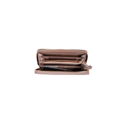 Portefeuille femme zippé cuir grainé taupe gold