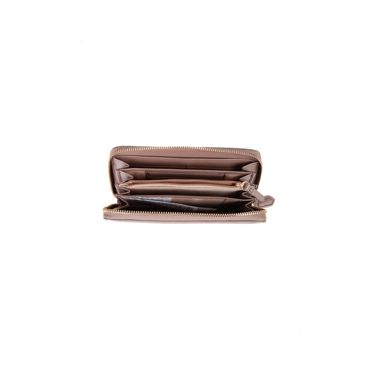 Portefeuille femme zippé cuir grainé taupe gold