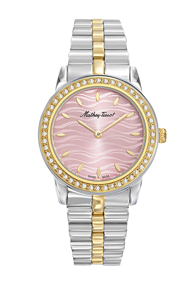 Montre femme acier bicolore cadran rose cristaux Swiss Made