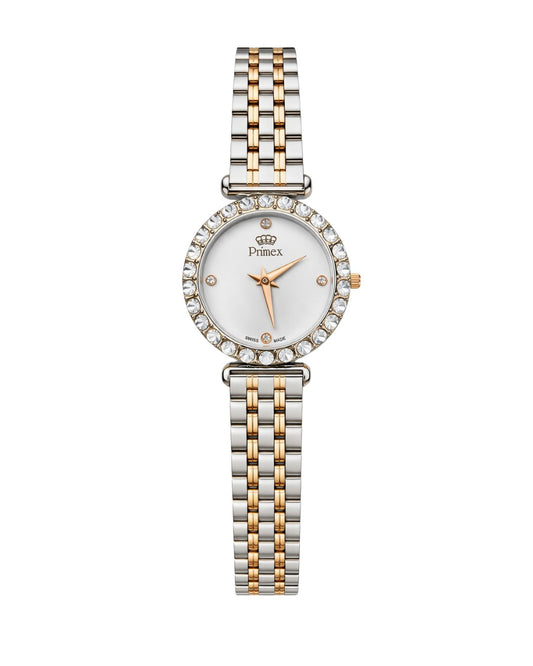 MONTRE DAME SWISS MADE - CARDAN BLANC - BRACELET METAL BICOLORE ROSE - ETANCHE 30 METRES