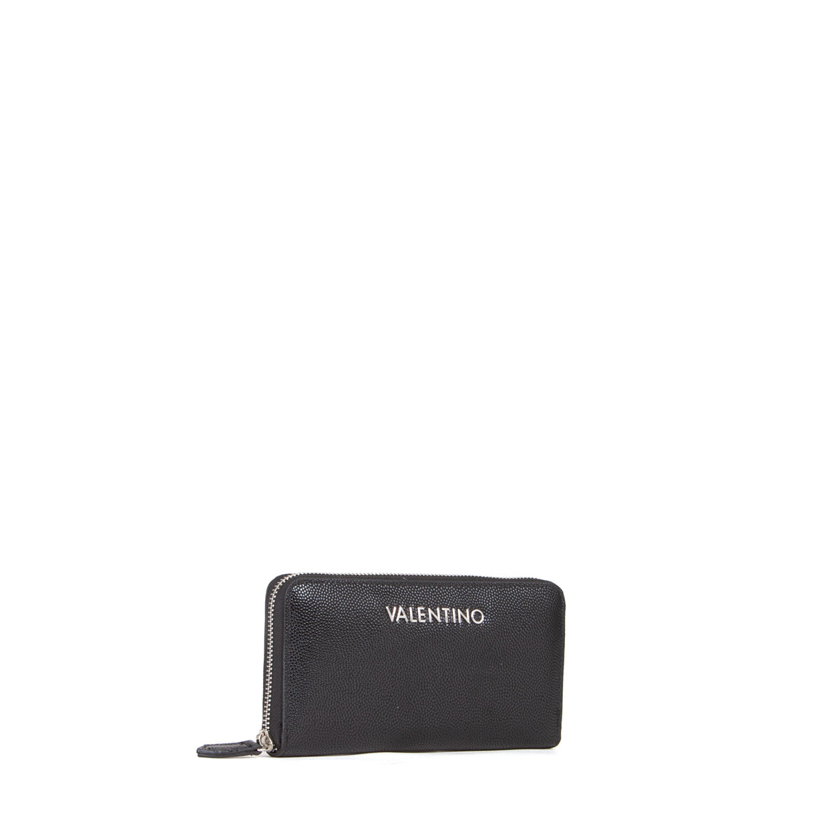 Portefeuille femme zippé noir grain caviar argenté