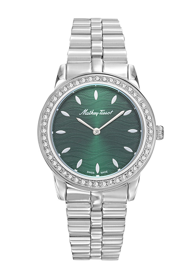 Montre femme acier cadran vert guilloché pierres synthétiques
