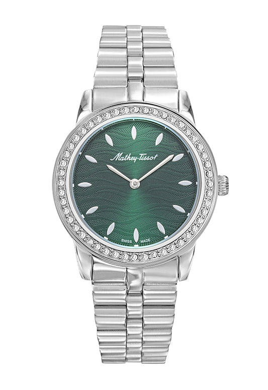 Montre femme acier cadran vert guilloché pierres synthétiques