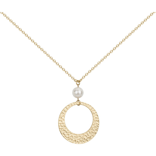 Collier femme acier doré anneau martelé et perle synthétique