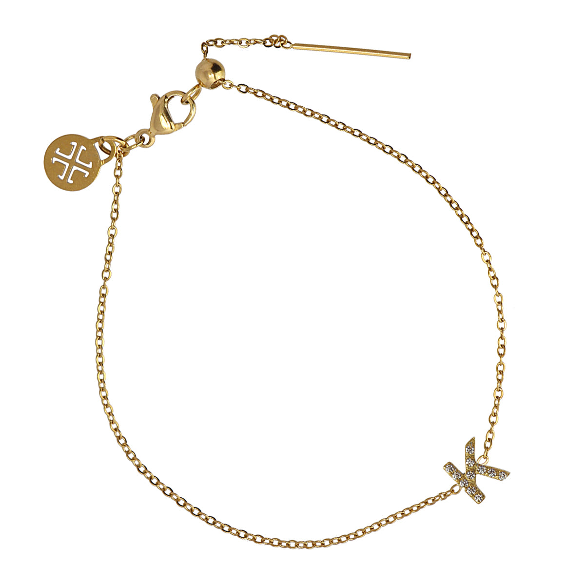 Bracelet femme acier doré lettre K zirconia 19 cm
