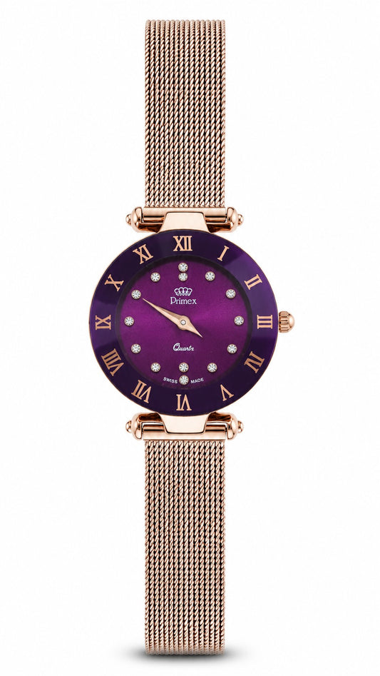 Montre femme Swiss Made cadran violet bracelet doré rosé
