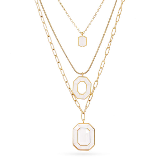 Collier femme acier doré triple rang pierre synthétique blanche