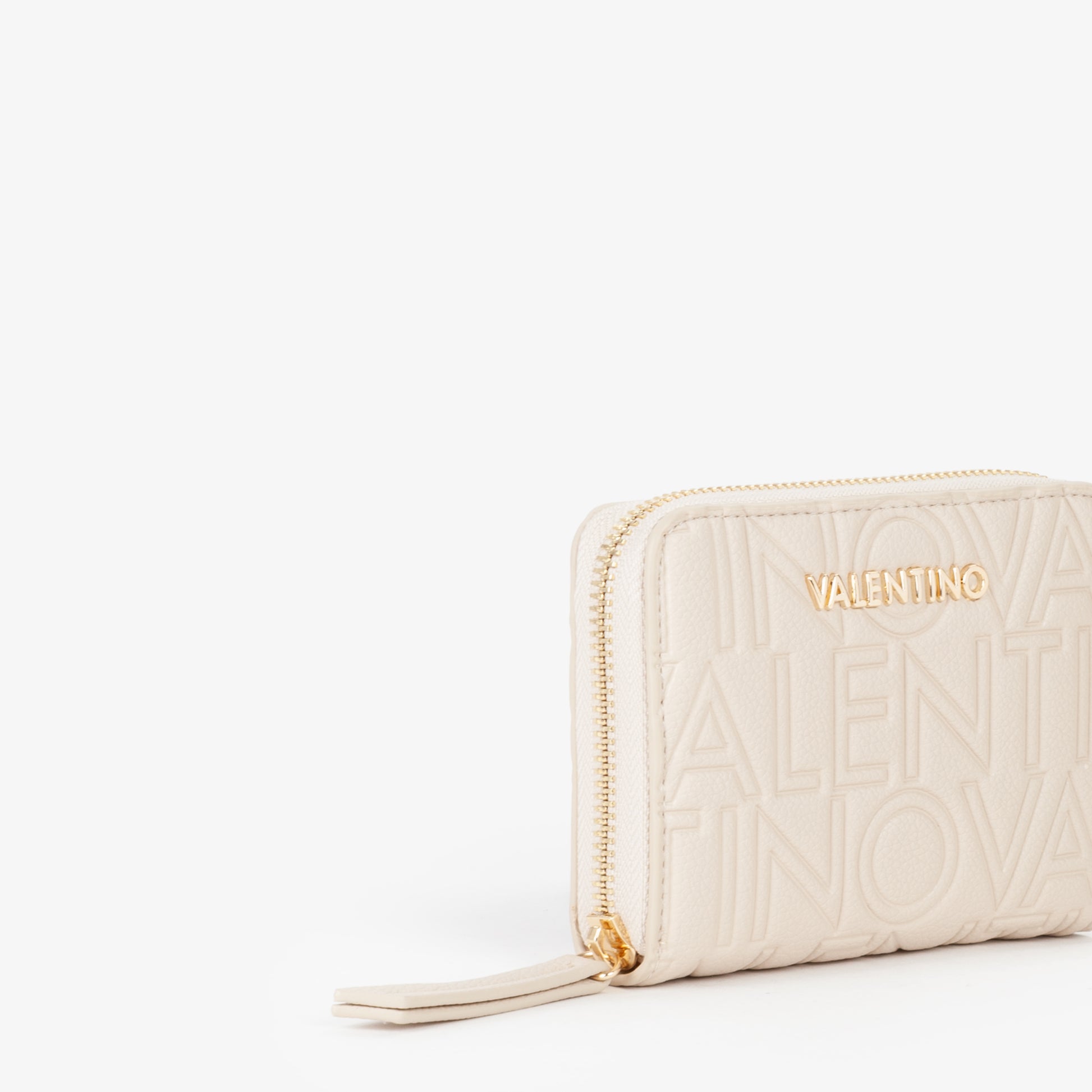 Portefeuille femme écru zippé motif logo embossé