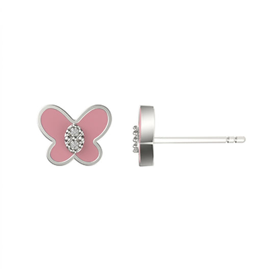 Clou d'oreille femme argent rhodié papillon laque rose zirconia