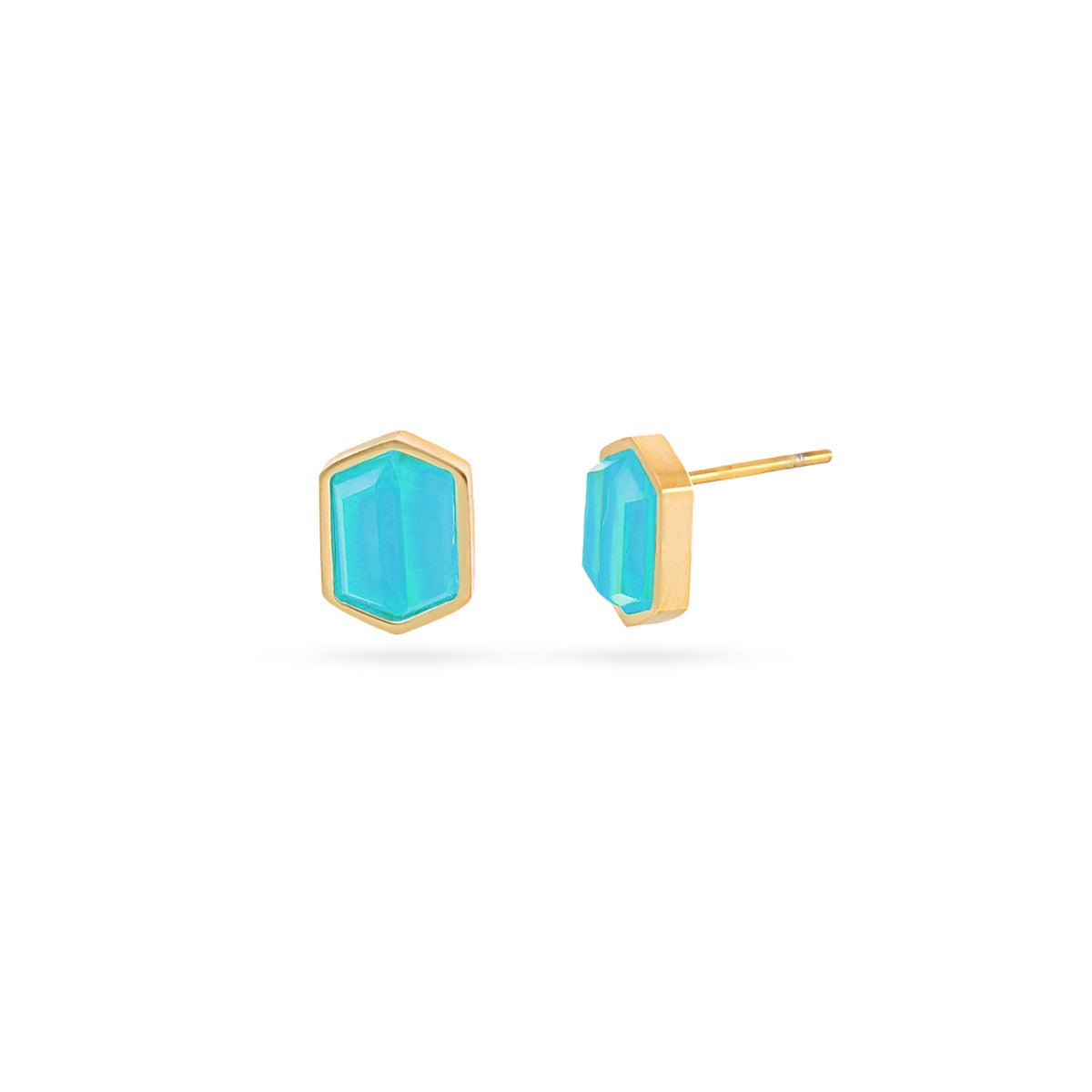 Clous d'oreilles femme acier doré pierre turquoise hexagone