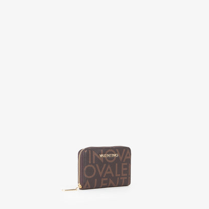 Portefeuille femme zippé motif monogramme brun camel