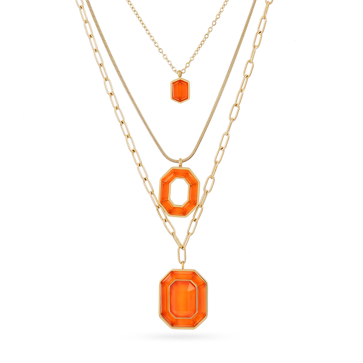 Collier femme acier doré triple rang pierre orange