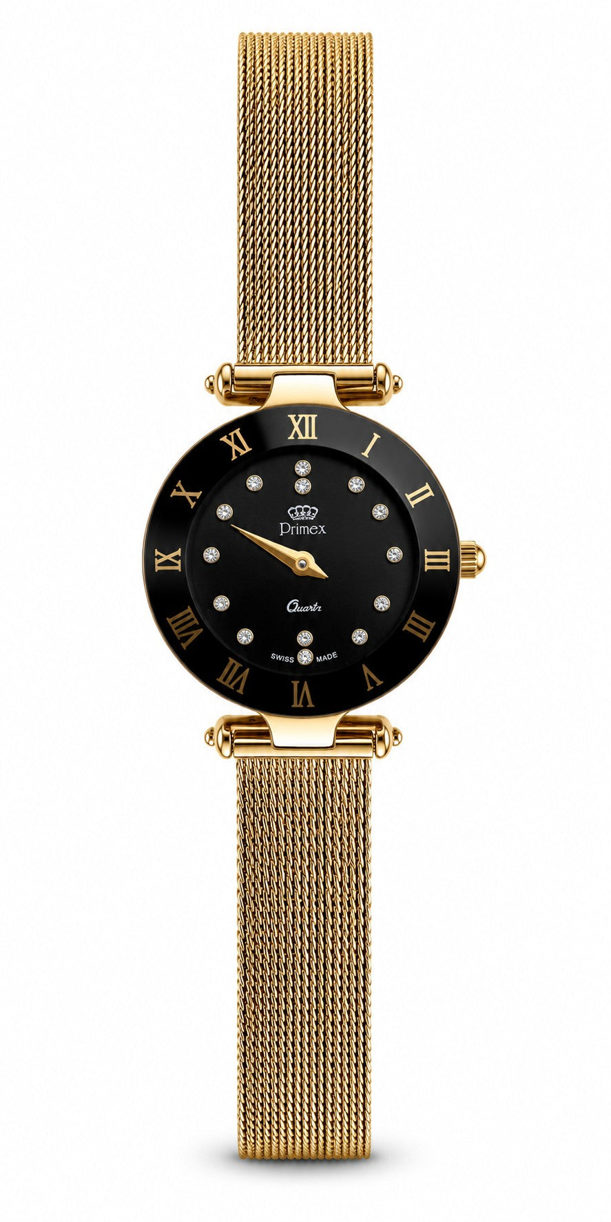 Montre femme Swiss Made dorée cadran noir cristaux