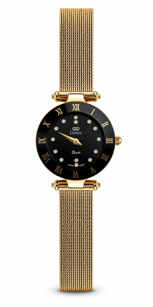 Montre femme Swiss Made dorée cadran noir cristaux