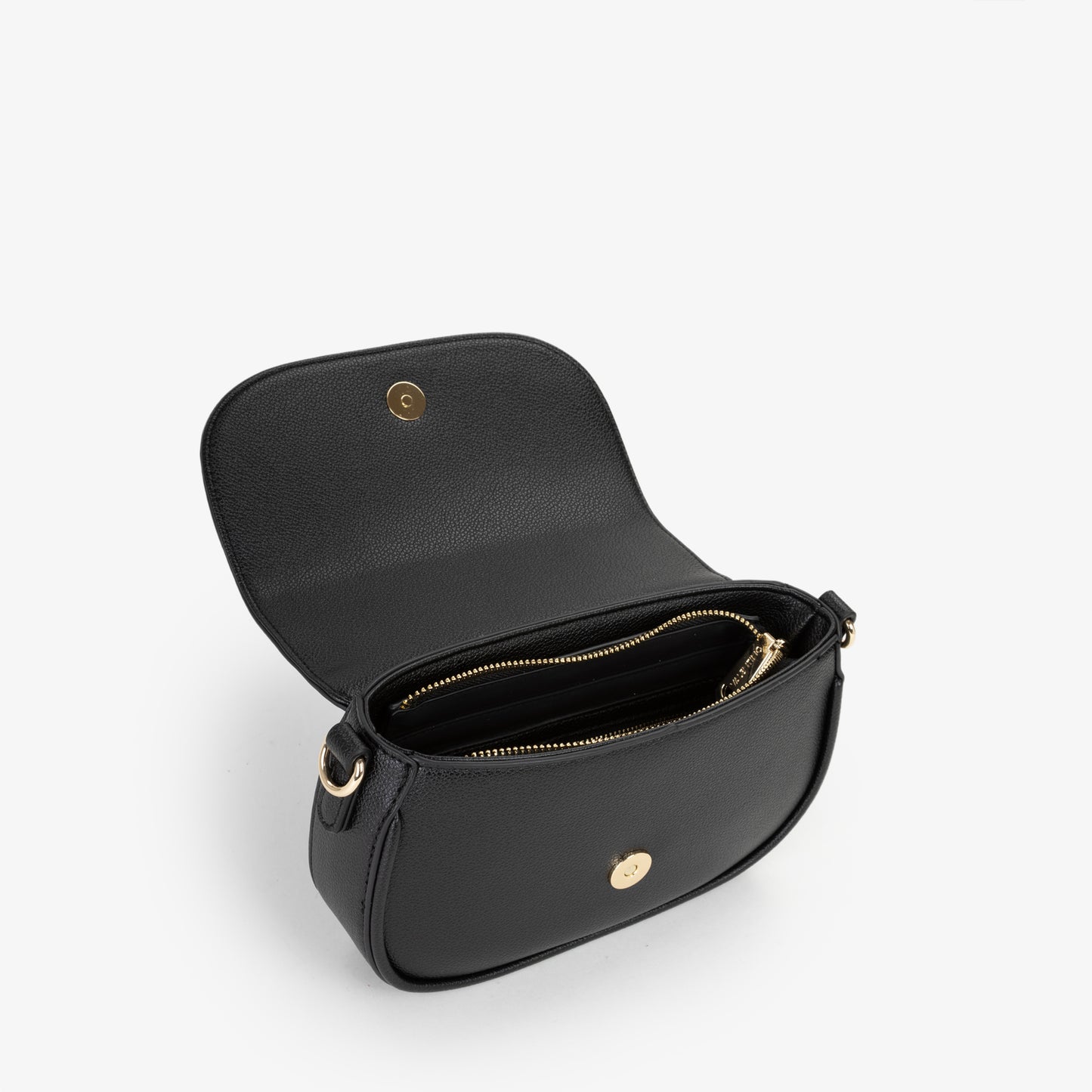 Sac bandoulière femme noir rabat logo doré