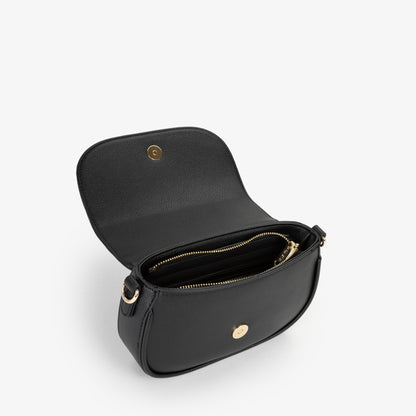 Sac bandoulière femme noir rabat logo doré